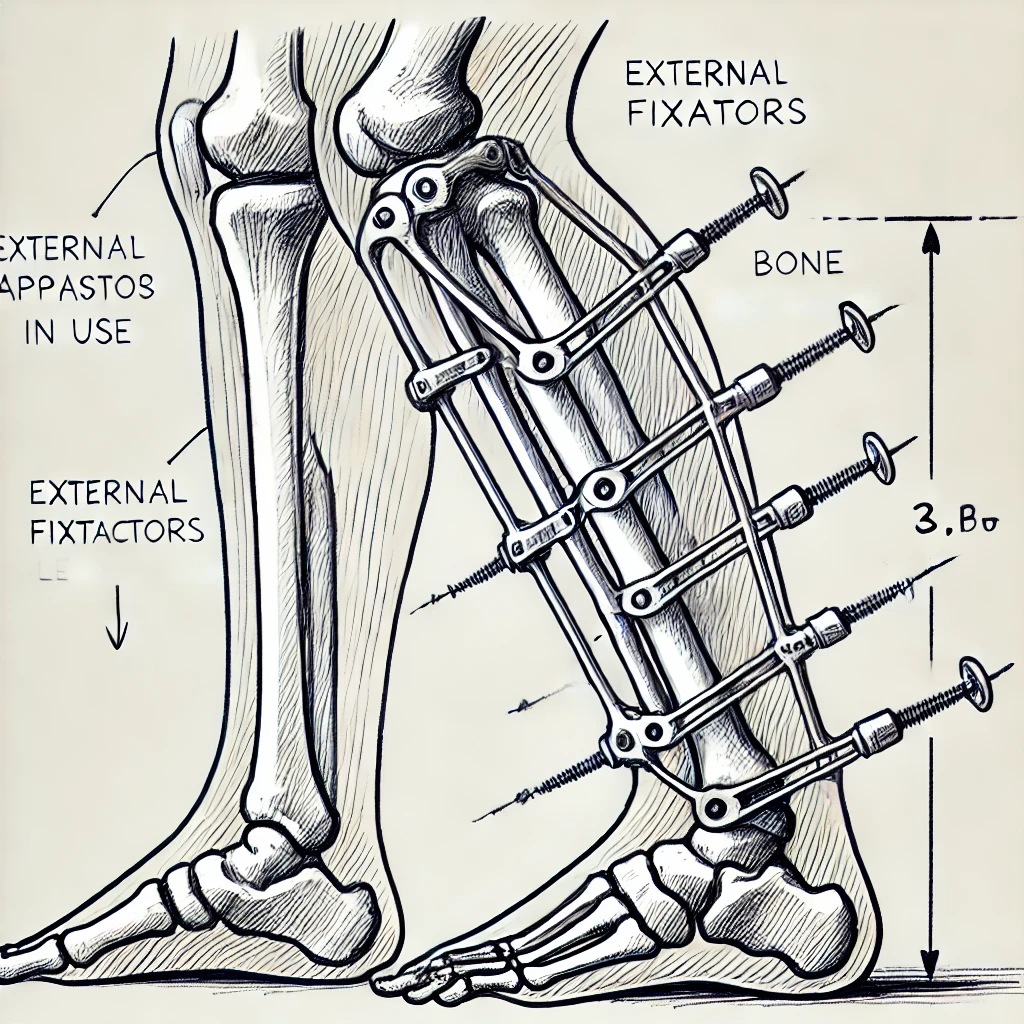 Ескіз із використанням апарата Ілізарова для подовження ноги. Ілюстрація чітко зображує зовнішні фіксатори та стрижні, що прикріплені до ноги, показуючи процес подовження кістки